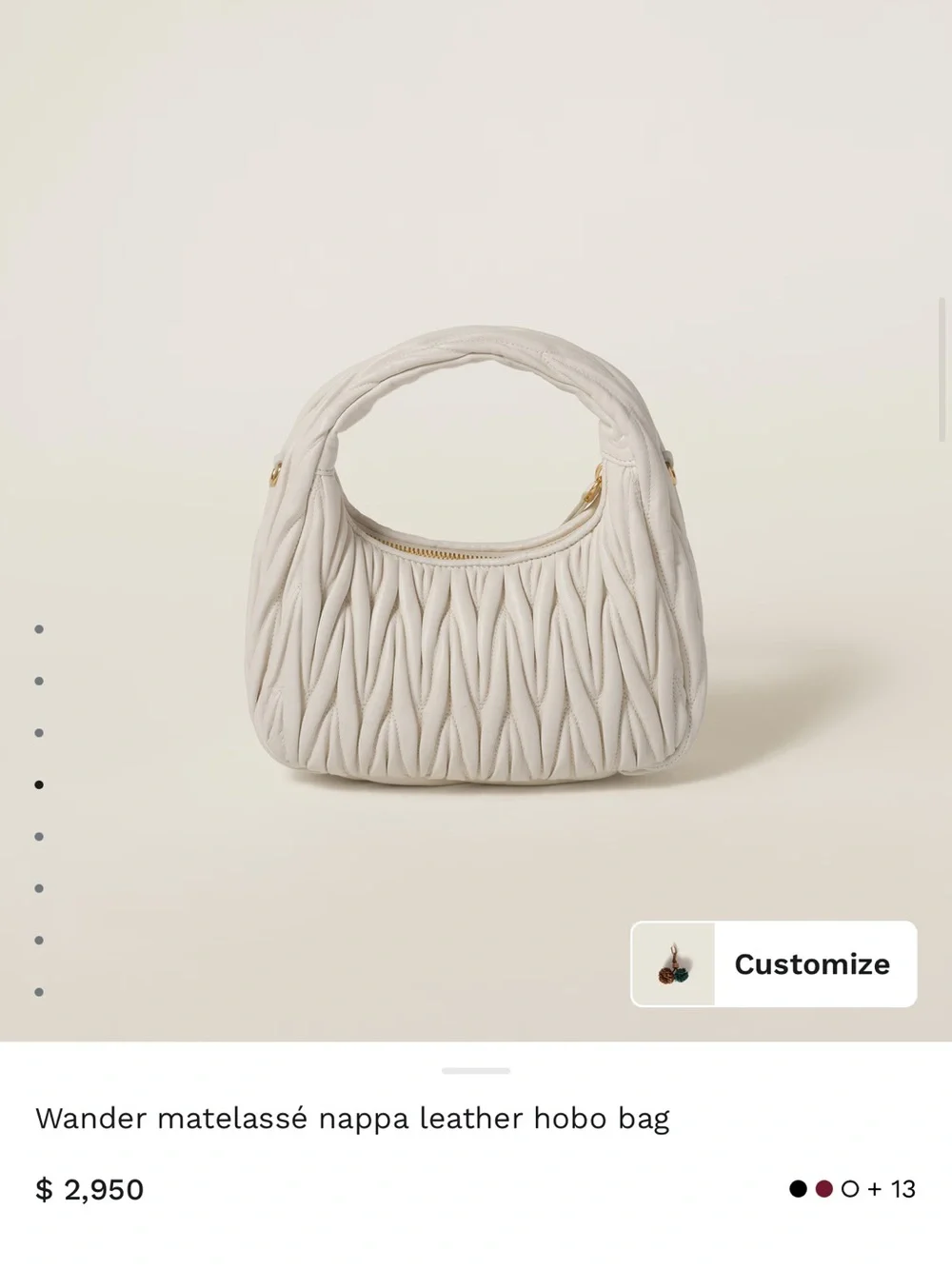 Miu Miu White Matelassé Nappa Leather Hobo Bag